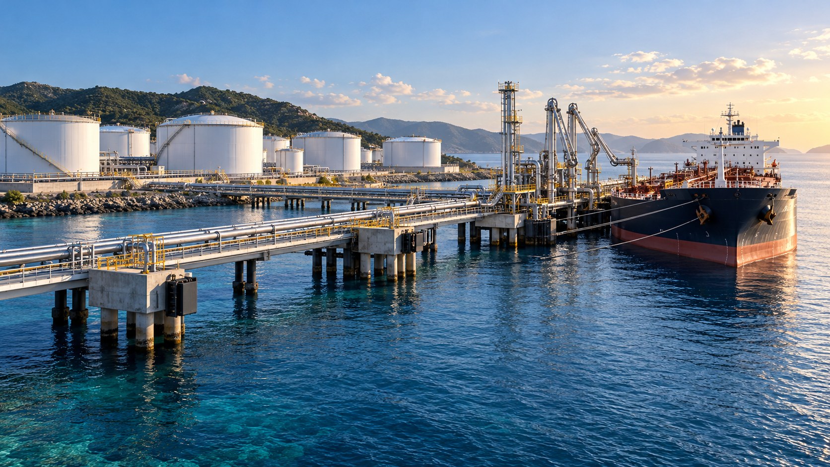 Deepwater marine tanker jetty with articulated loading arms