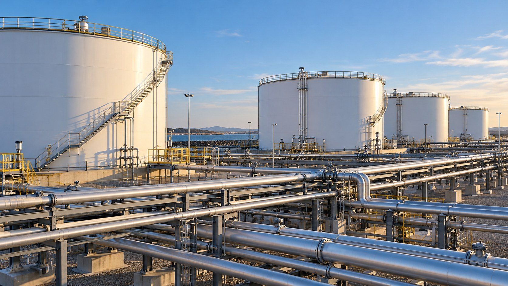 Petroleum storage tank batteries and elevated pipeline racks